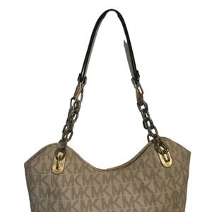 Michael Kors White Monogram Gold Chain Lilly Tote Shoulder Bag